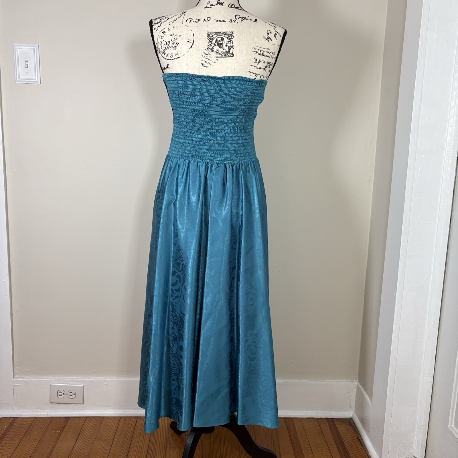 VTG 80s Studio E Teal Floral Brocade Prom Party Dress Strapless Ruched Maxi L