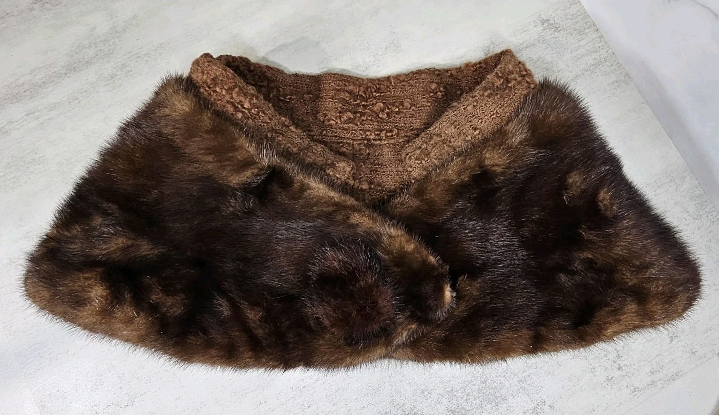 Vintage Mink Fur Stole Capelet Brown Shoulder Neck Wrap Shrug Wool Lining 35×10&Prime;