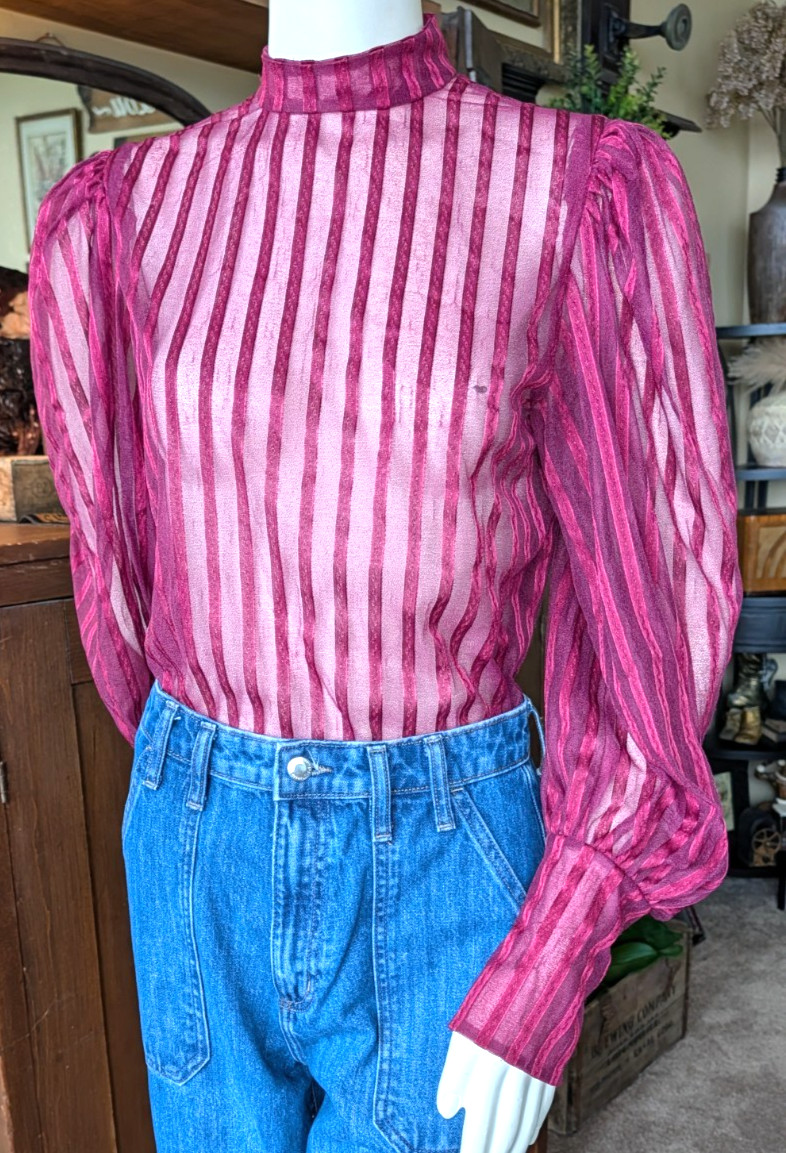 Vtg 70s Burgundy Sexy Secretary Sheer Blouse Shirt longsleeve puff shoulders M