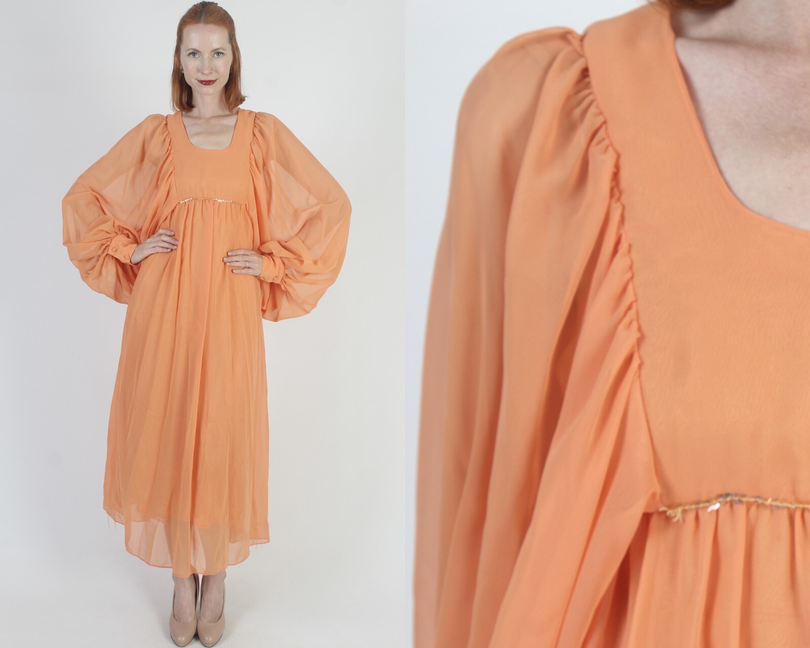 Vtg 60s Avant Garde Chiffon Dress Poet Bell Sleeve Unicolor Cocktail Party Gown
