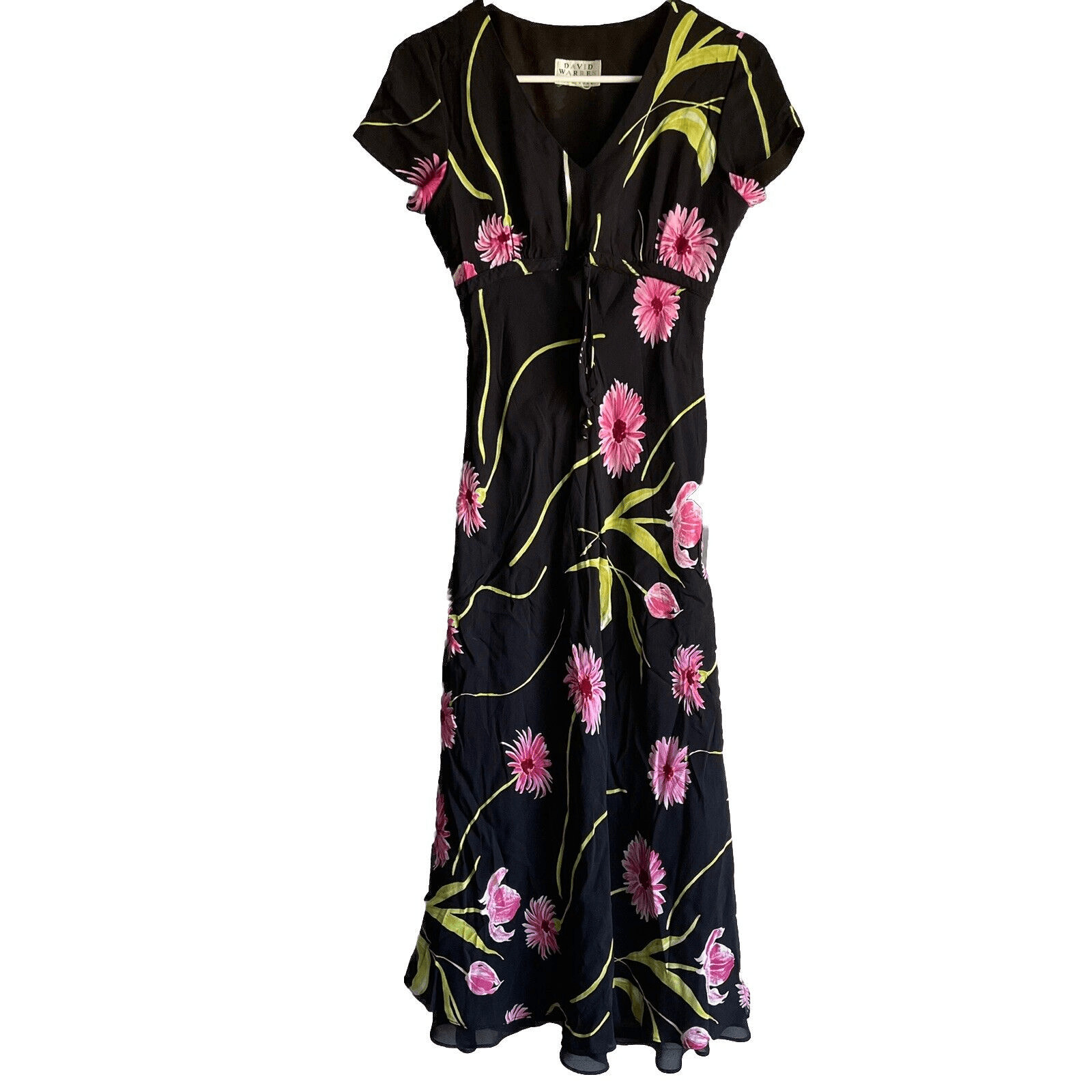 Vtg David Warren Petites Womens Midi Dress 8 Black Pink Daisy Empire Waist 90 00