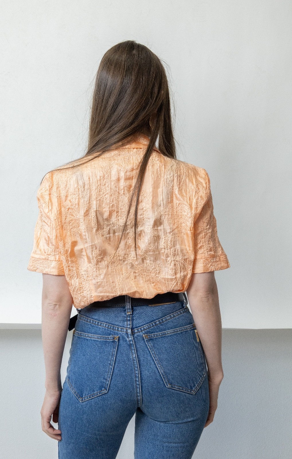 Vintage Y2K Peach Embroidered Blouse Tonal Floral Crinkle Coquette Coastal M