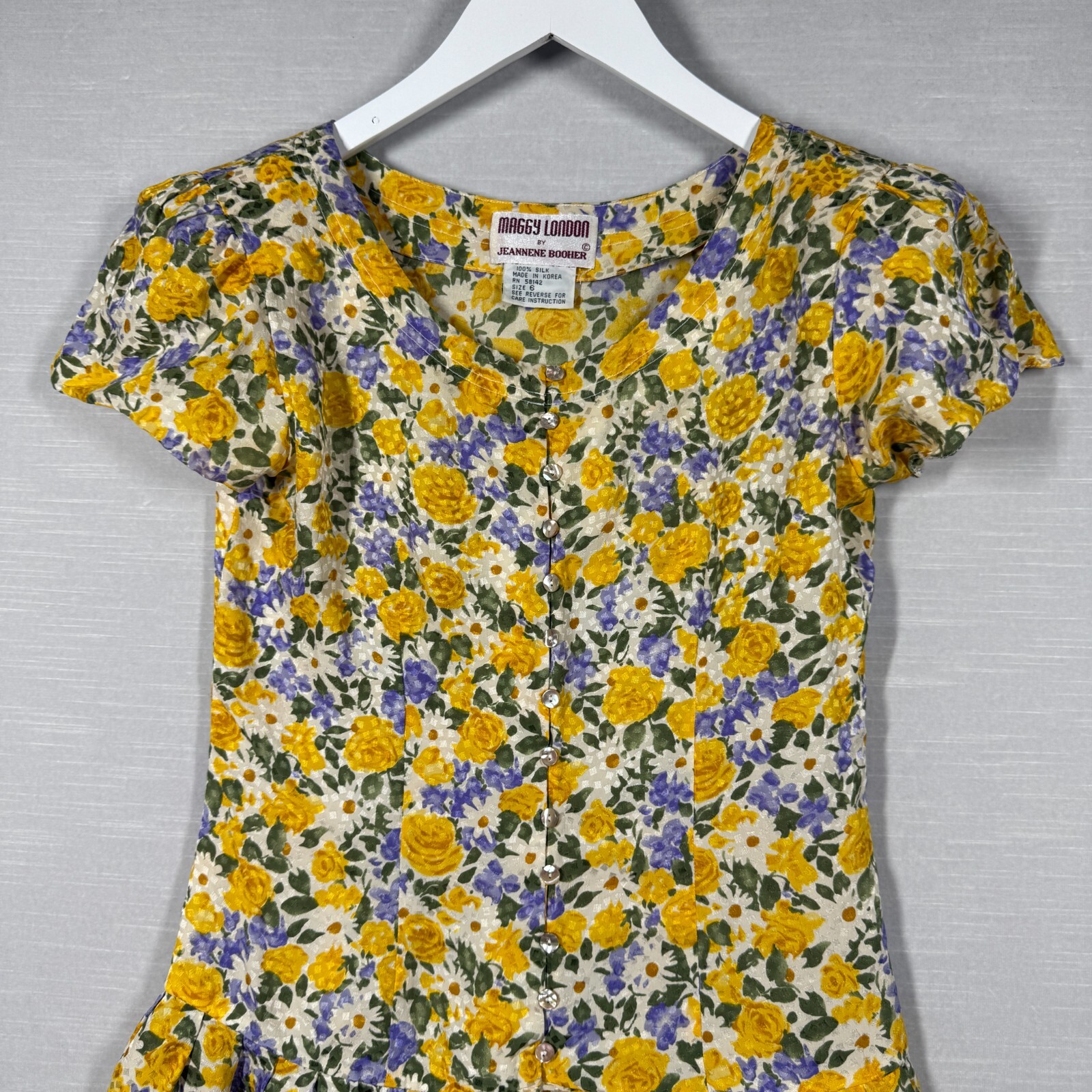Vintage Maggy London Dress Womens 6 Yellow Button Up Pleated Romantic 80s Silk