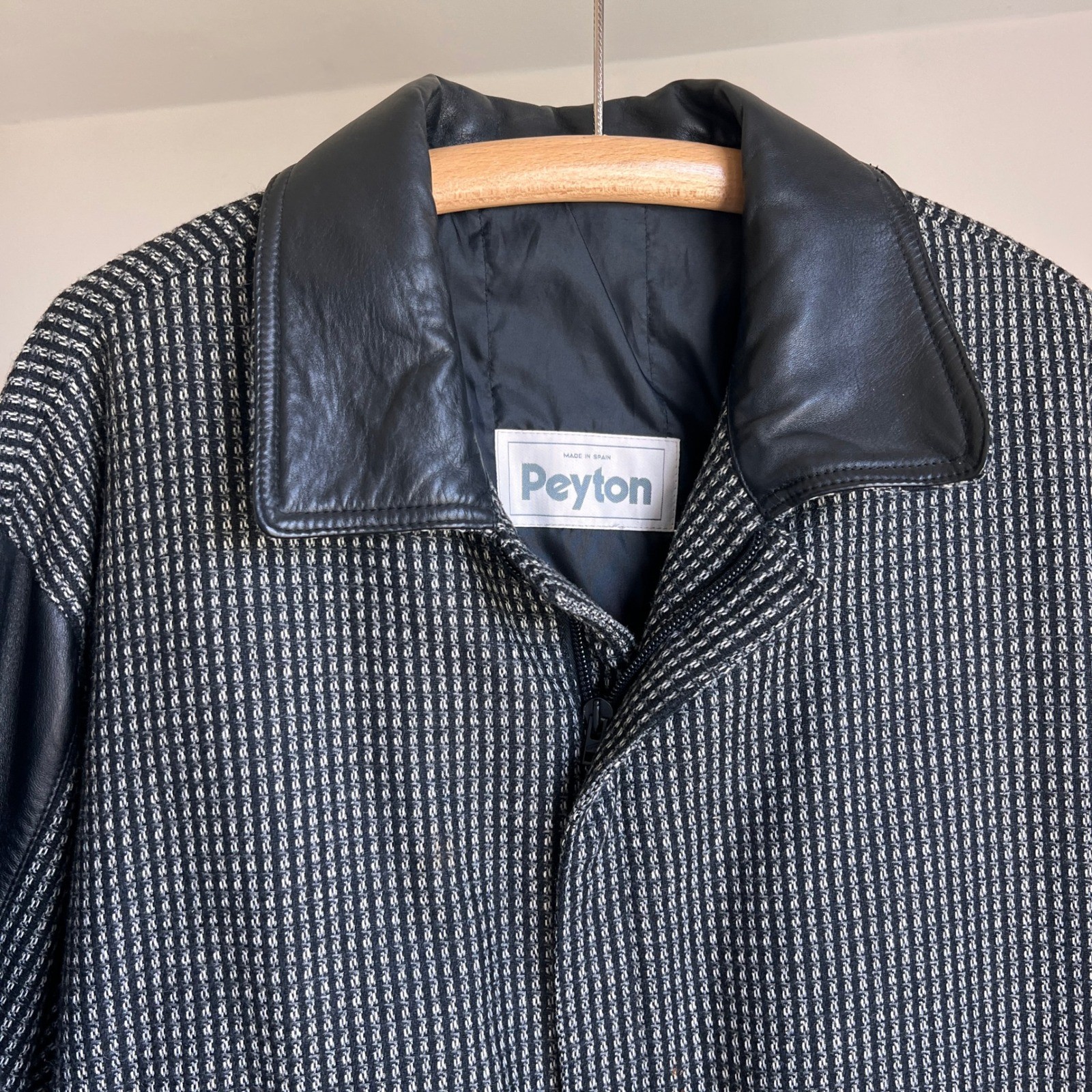 Vintage Wool Knit Bomber Jacket Black Leather Trim Textured Zip Up Baggy Coat