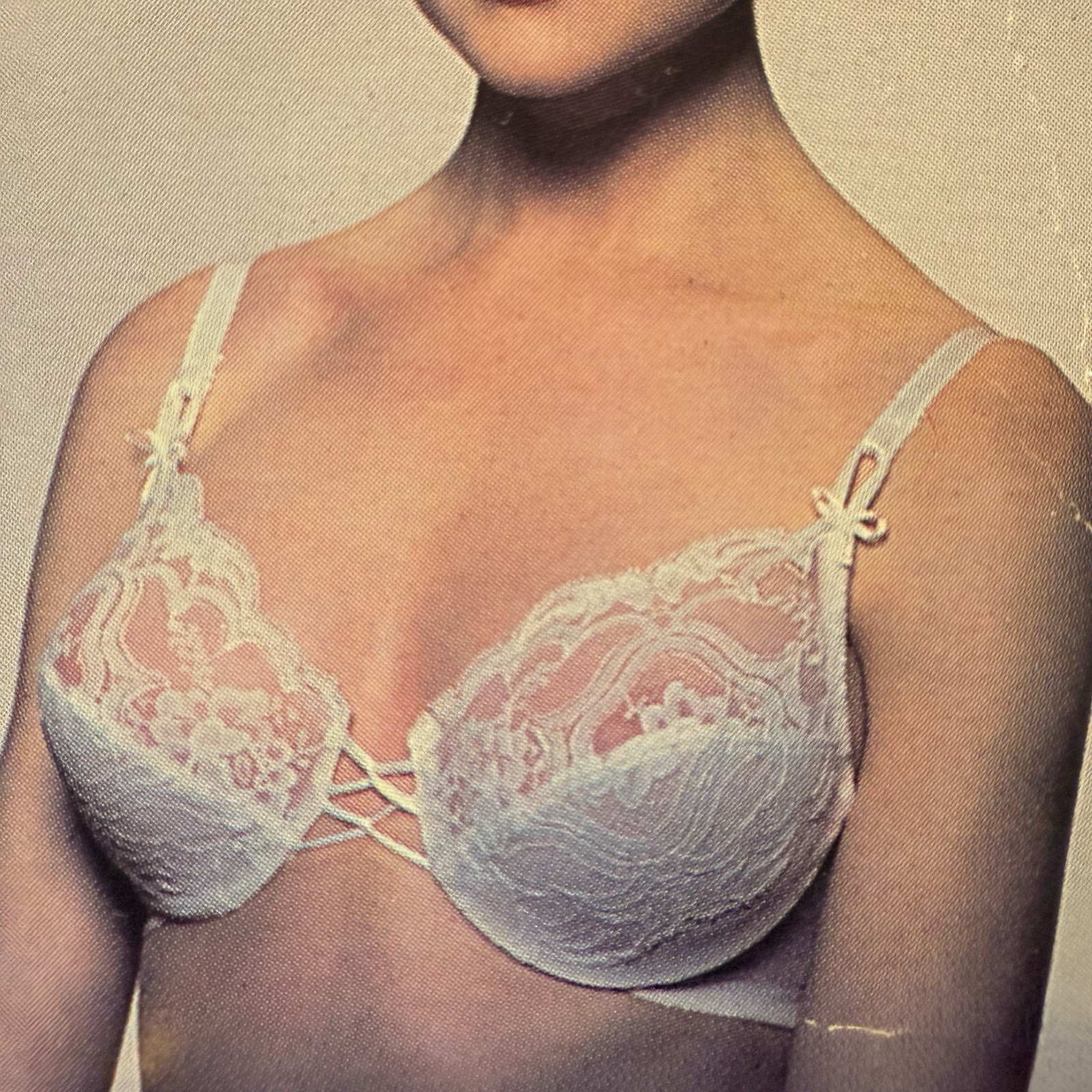 Vintage Vanity Fair Bra 32D Sheer White Nylon Lace Floral Full Figure Underwire