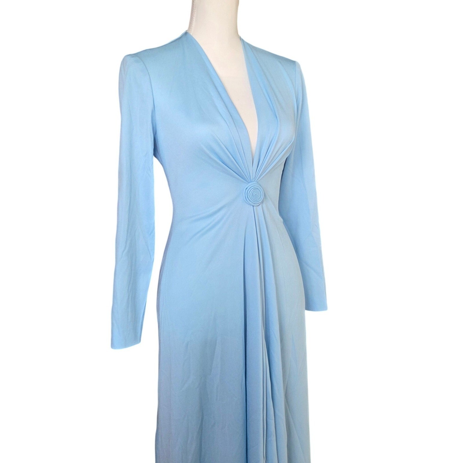 VTG 70s Felix Arbeo B Altman Blue Twist Maxi Dress Disco Goddess Gown Plunge
