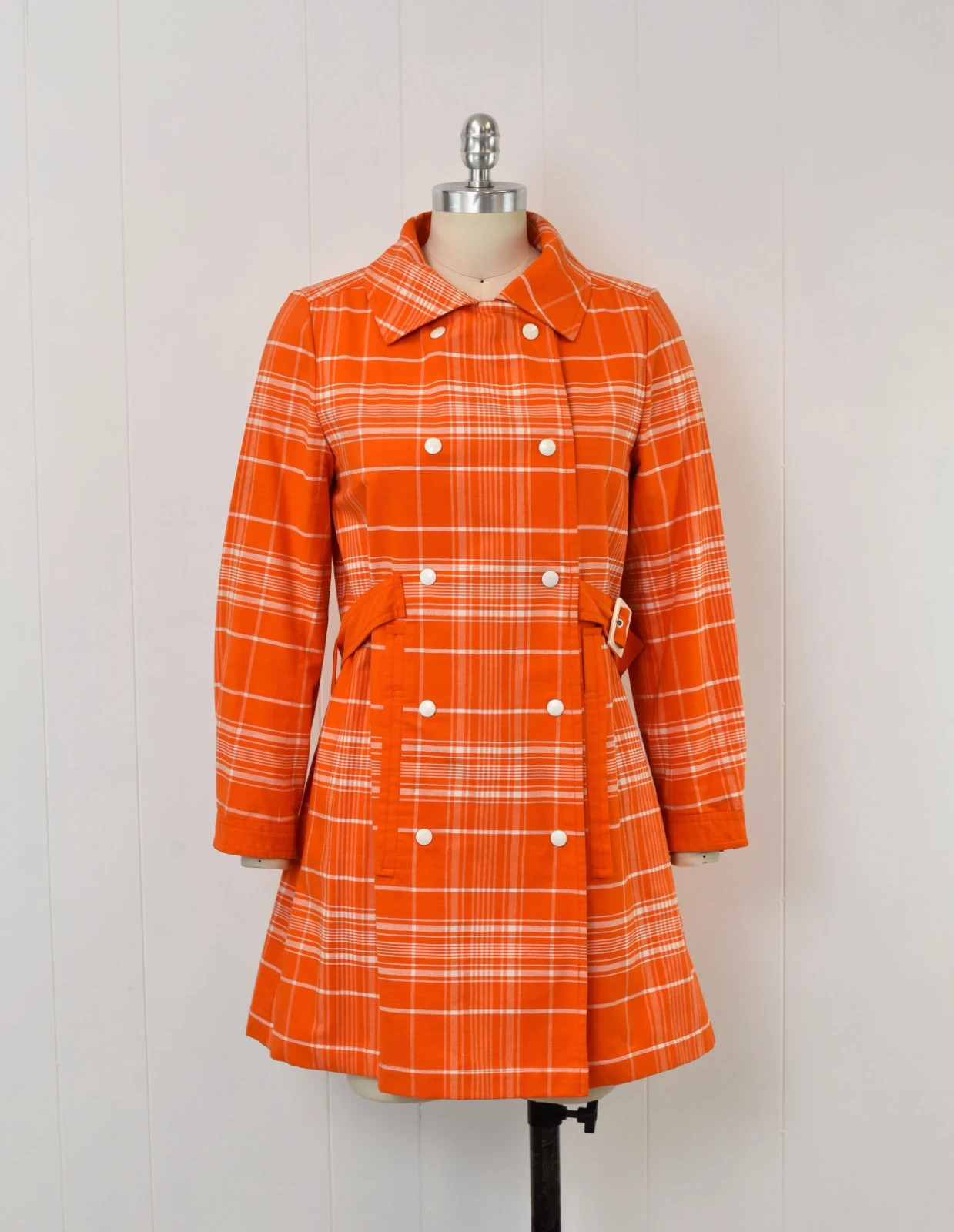 1970s Courreges Hyperbole Orange White Plaid Cotton Coat Jacket Dress