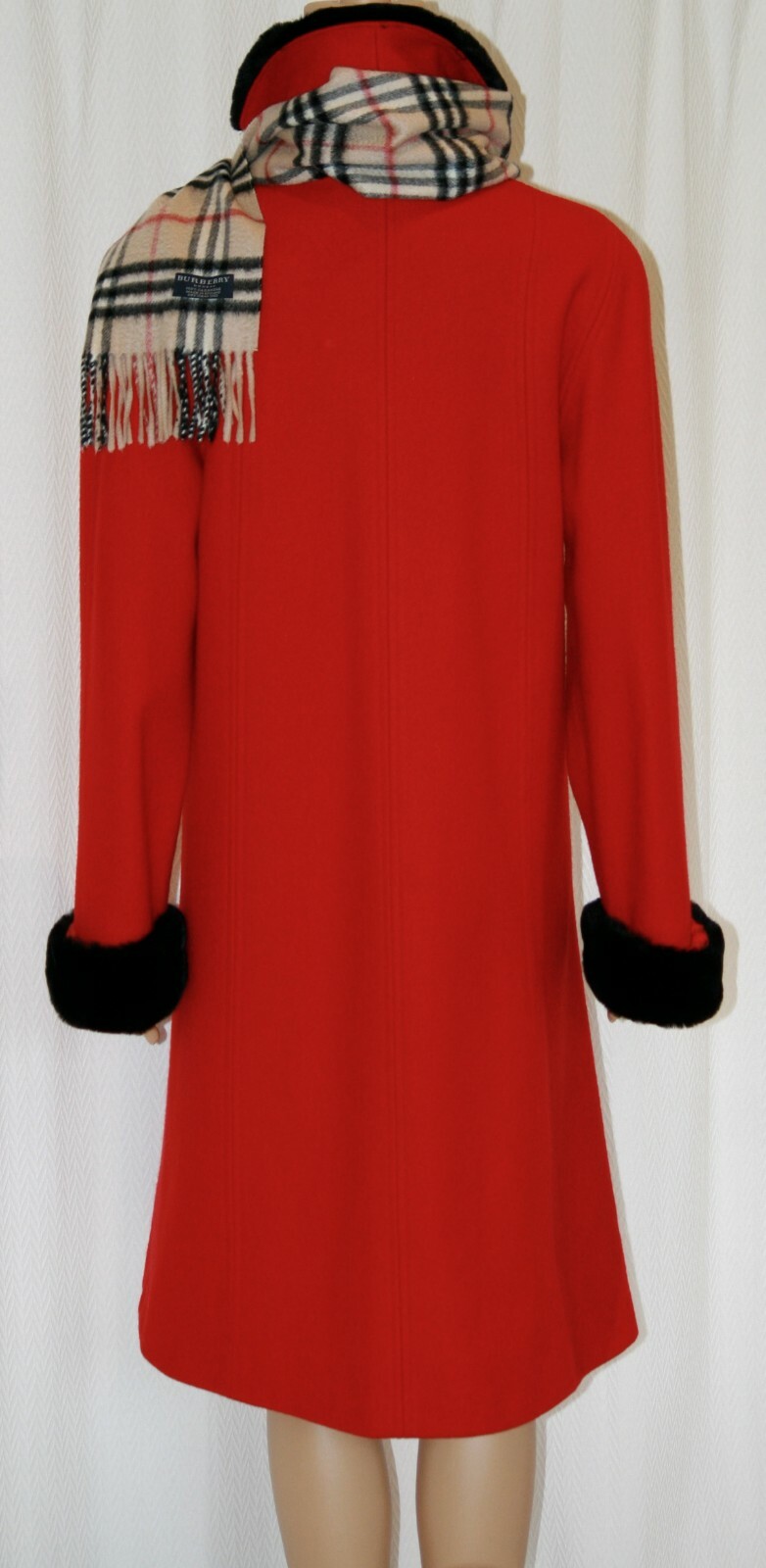 Candy Apple Red Charles Klein Midi Wool Coat w/ Black Faux Fur Collar Wms Med Lg