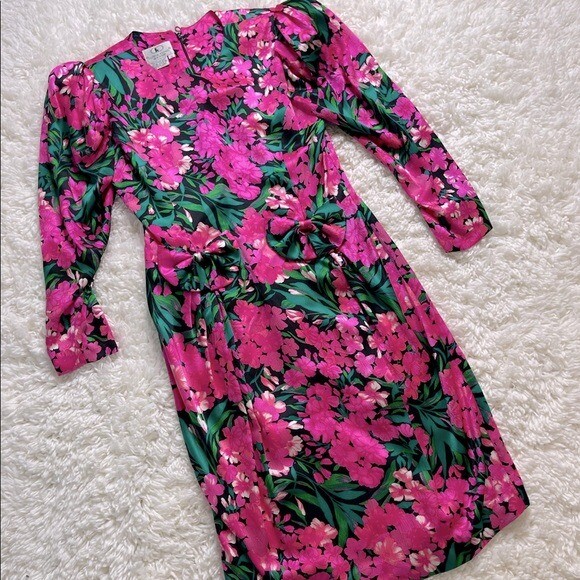 Vintage Flora Kung Silk Floral Long Sleeve Dress, Pink Green – Size 8