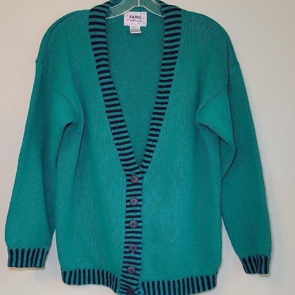 Paris Sport Club Vintage Teal Green Striped Trim Ramie Cotton Cardigan Sweater M