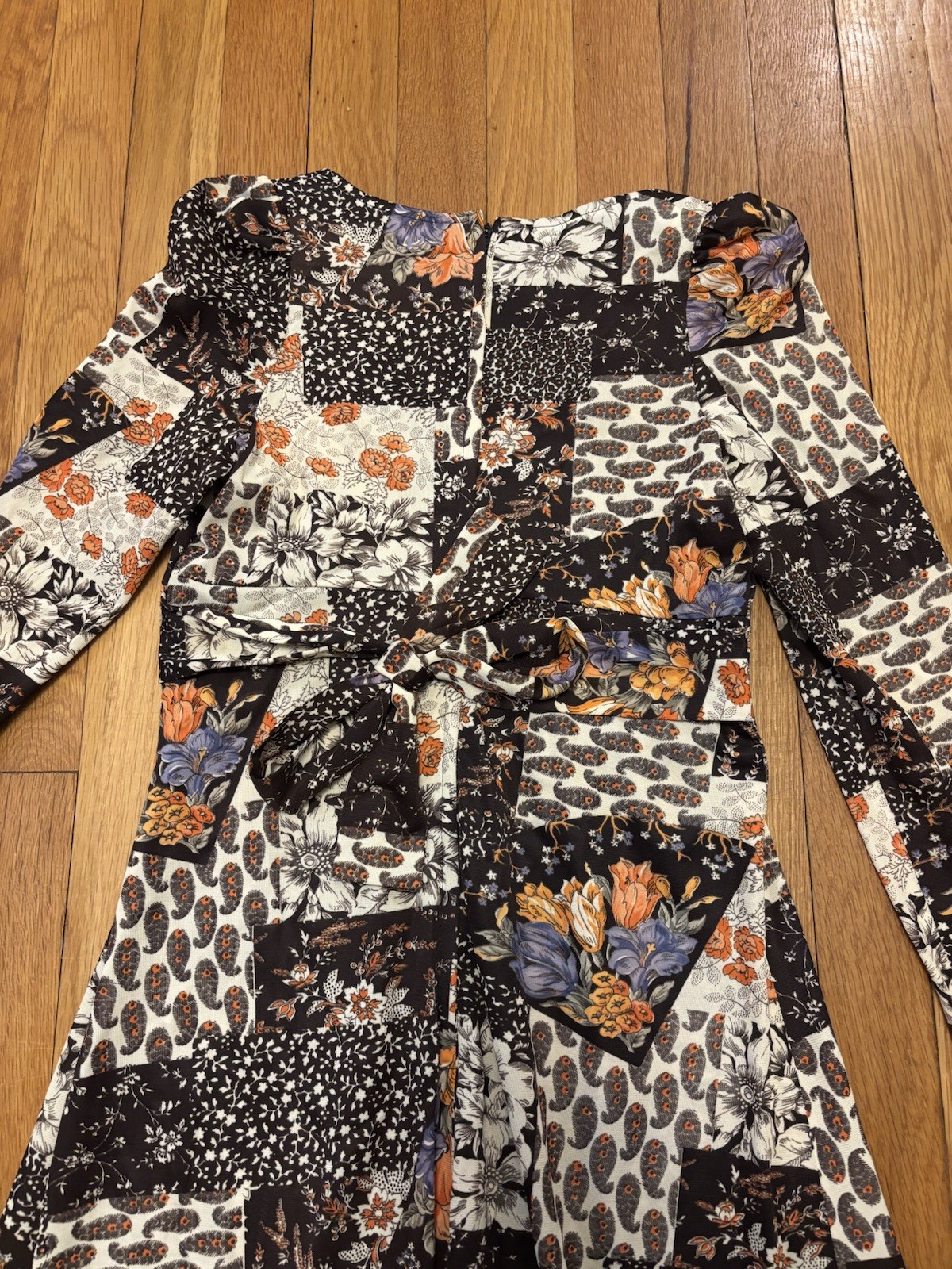 Vintage 70s Patchwork Boho Floral Empire Waist Maxi Dress Brown Long Sleeve S