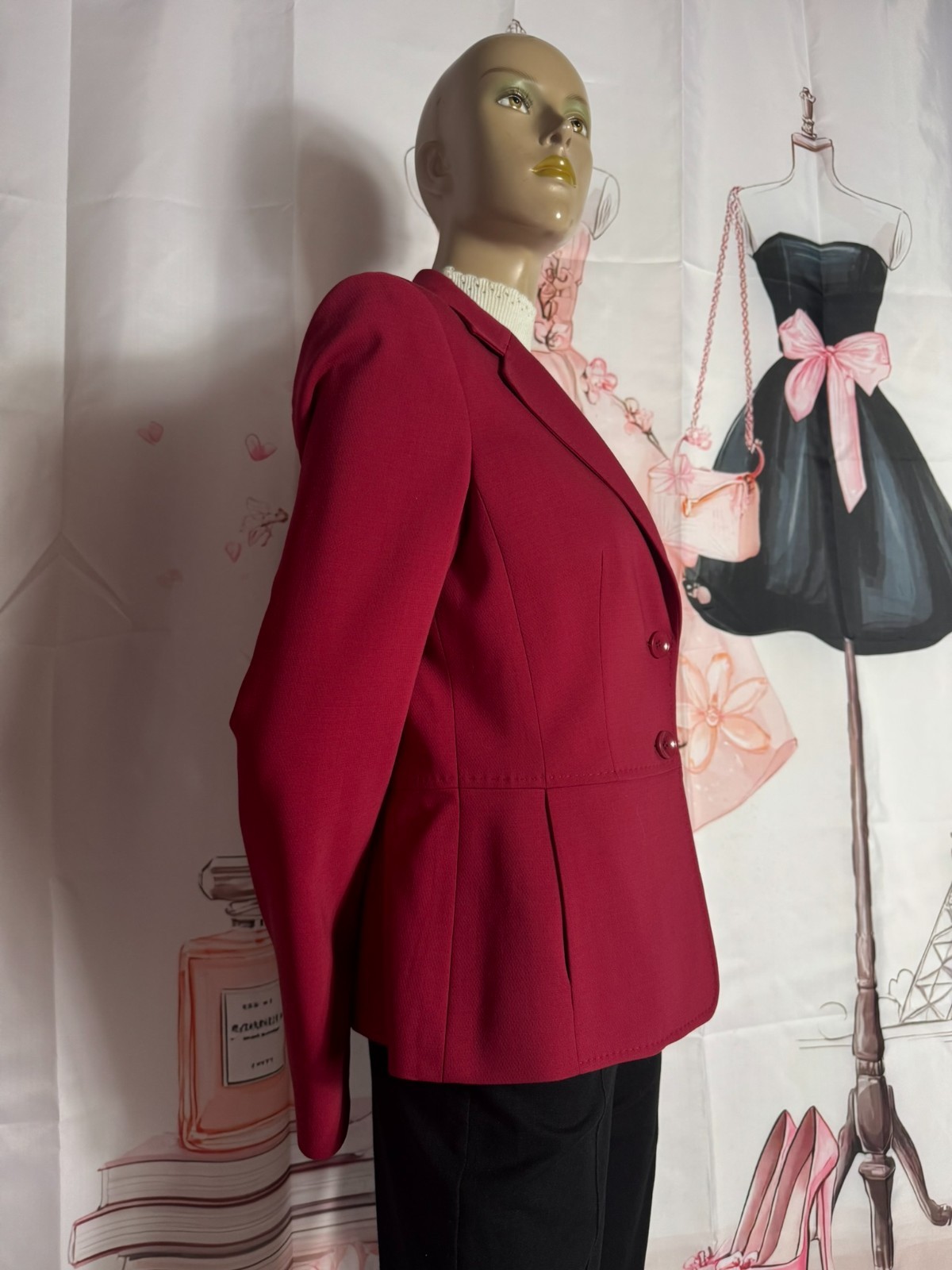Escada blazer black cherry virgin wool peplum shoulder pads size 36 38 40 MINT condition