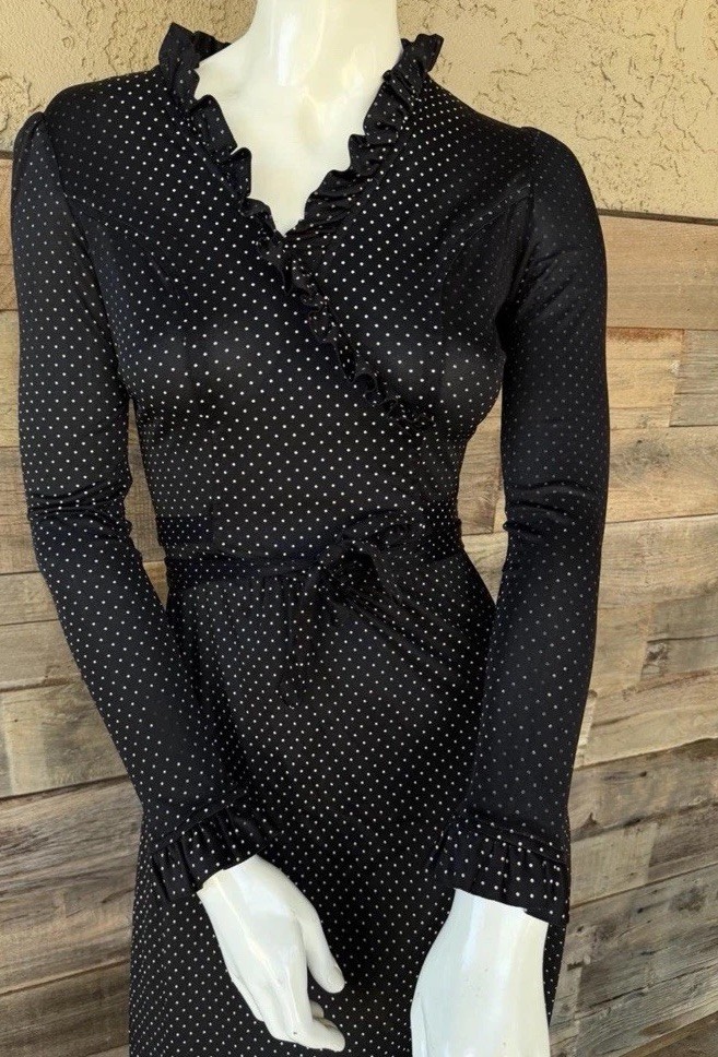 Vtg 70s ILGWU Union Made Black White Polka Dot Long Sleeve Maxi Dress Size 9