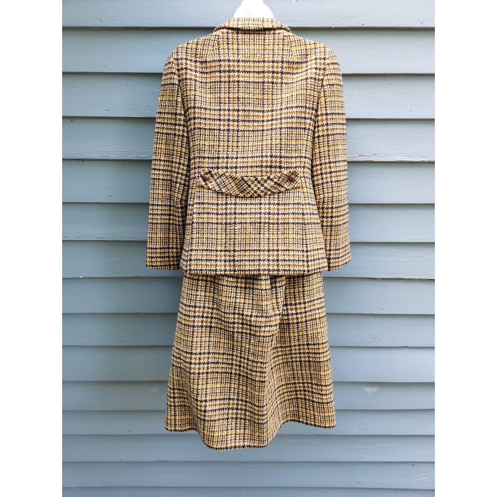 Pendleton Skirt Suit Tan Brown Yellow Houndstooth Plaid Virgin Wool Vintage 10