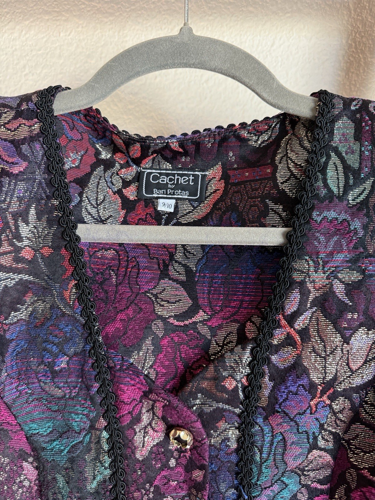 Vintage cachet metallic floral multicolored puff sleeve button front jacket MED