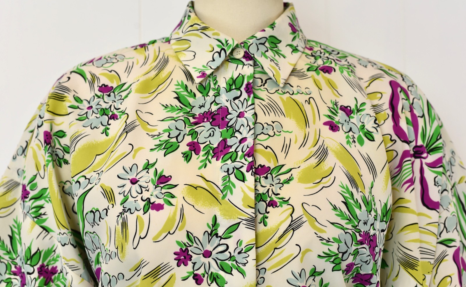 Vtg 1980s Norma Kamali Floral Ribbon Novelty Print Blouse Palazzo Pants Set