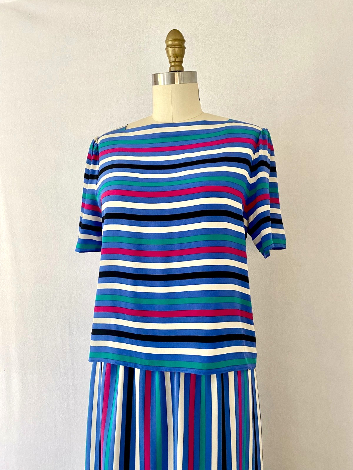 Ca. 1980s Vintage Striped Silk Skirt and Blouse Set by Silk Studio