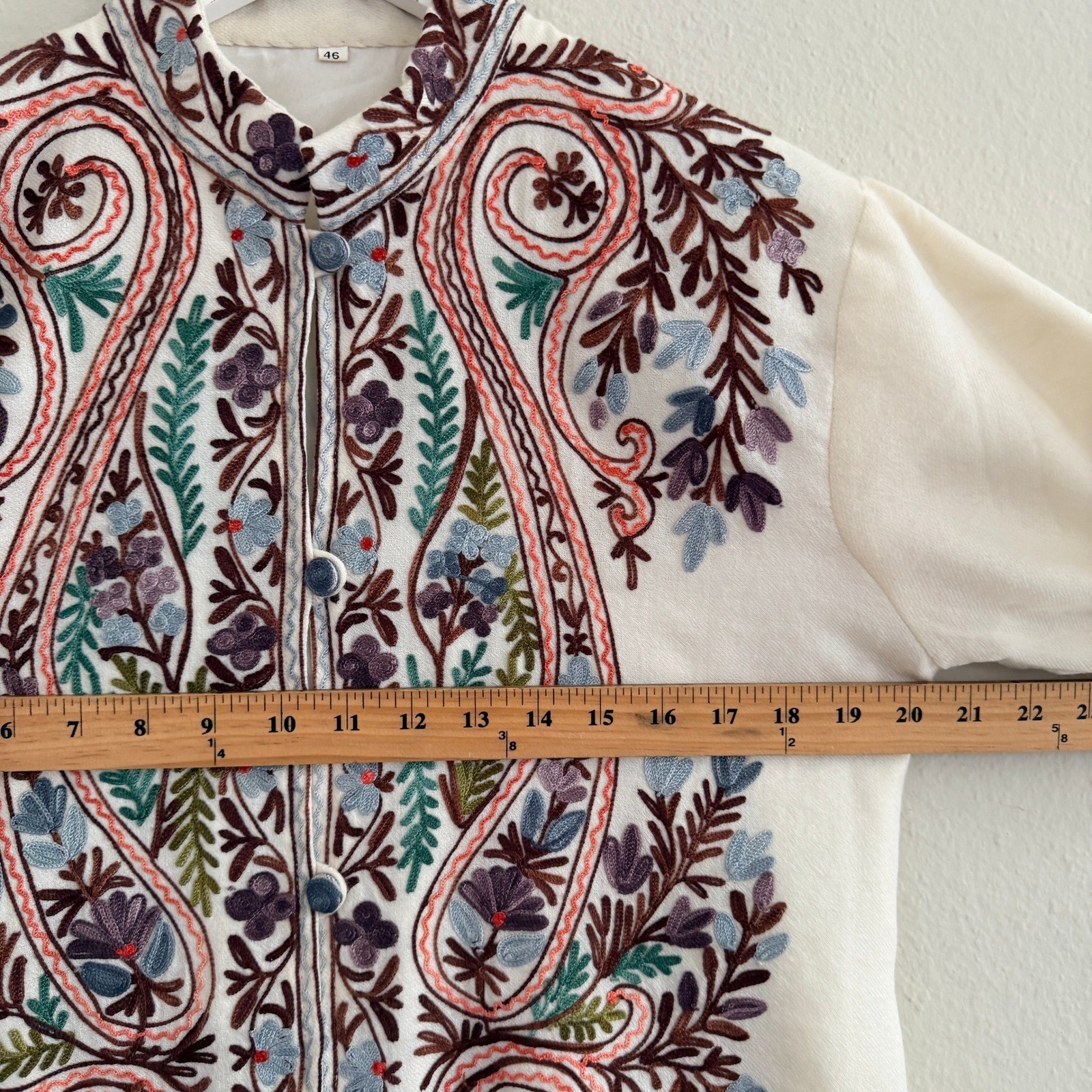 Woolen Coat Long Jacket Off-White, Multicolor Embroidery Size 46 (14, XL) Boho