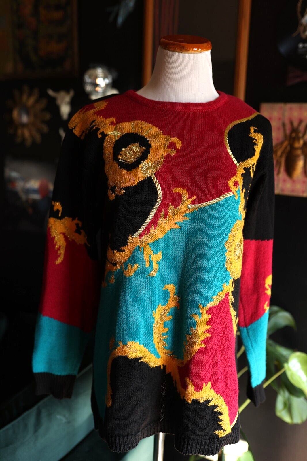 Vintage Petite Sophisticate 80s Equestrian Maximalist Granny Sweater Small