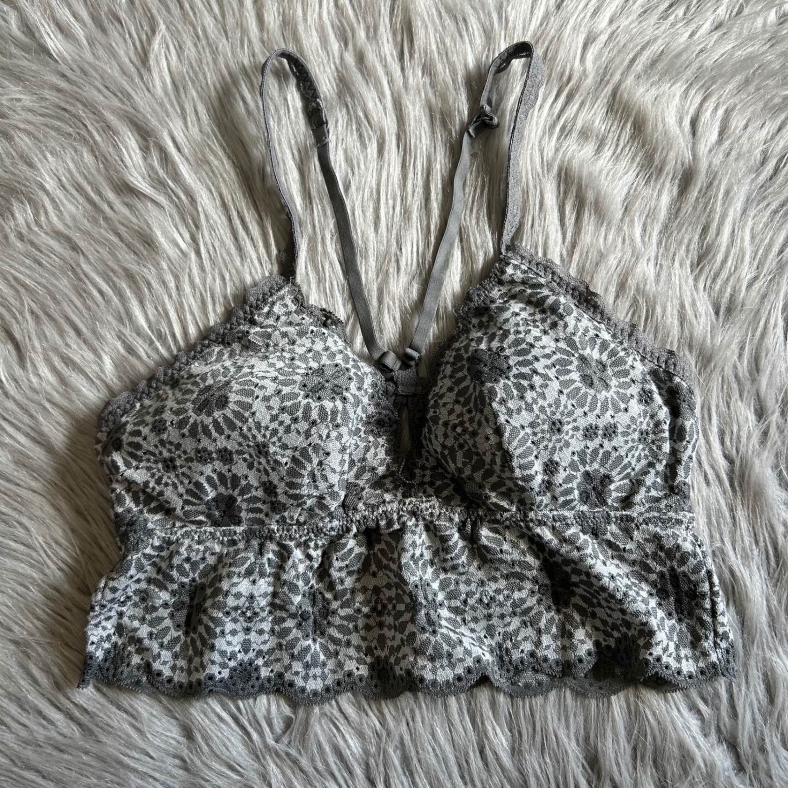 Aerie Wireless Bralette Womens Size Medium Gray Floral Lace Bra Keyhole Back
