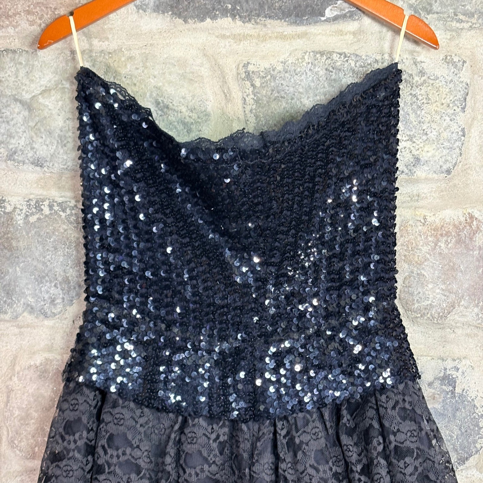 Vintage Alfred Angelo Flirtations Black Sequin Tiered Lace Dress Union Made 80s