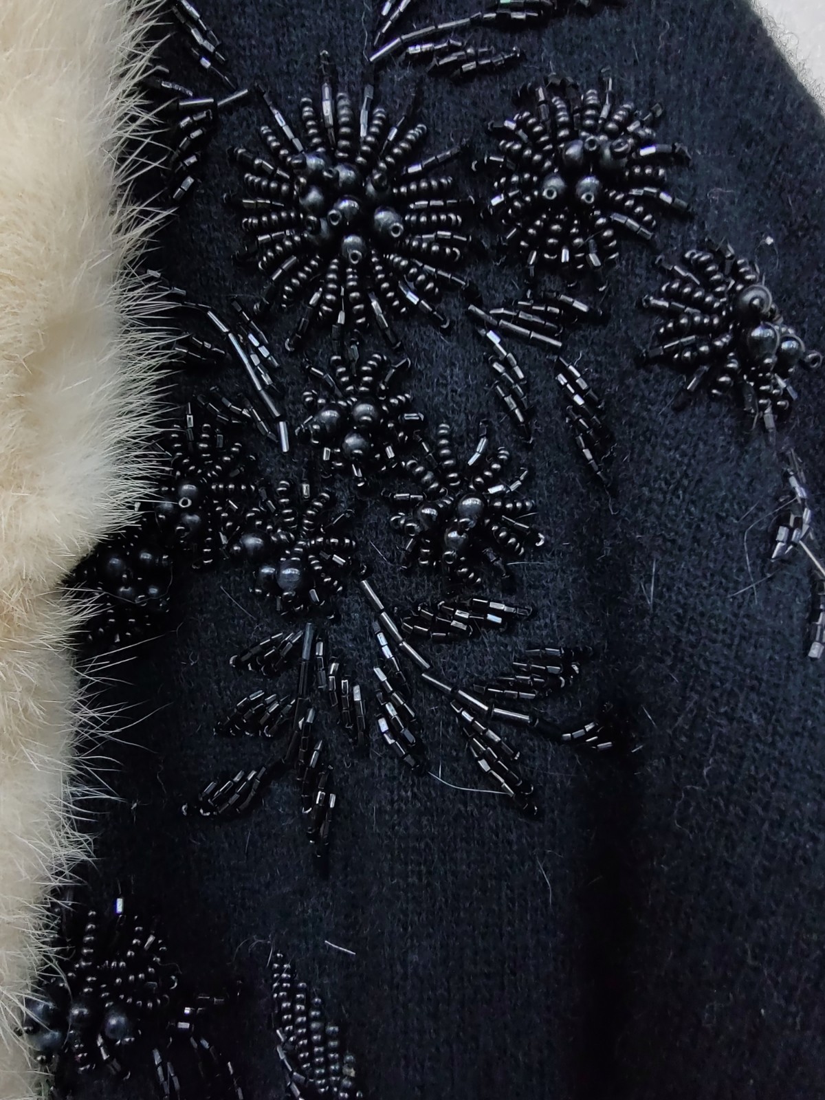 Vintage Black Wool Beaded Cardigan w/ Real Mink Fur Collar –Lined- Hong Kong