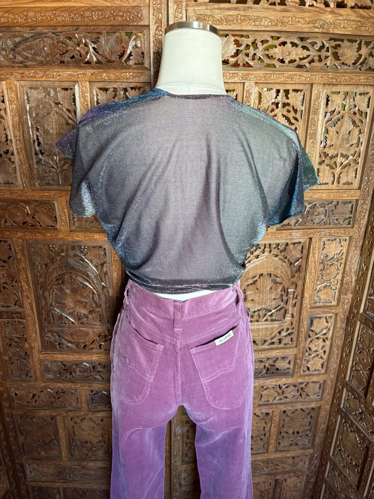 Vintage 70s Wrap Top Disco Silver Metallic Crop Top Sheer Purple Sparkle Shirt