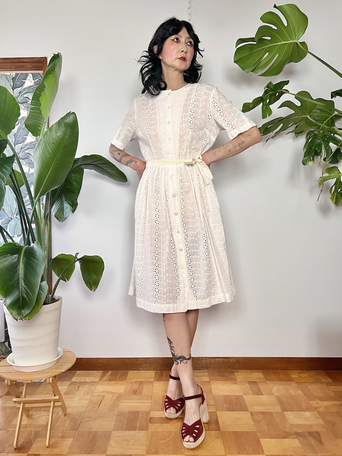 VTG 50s White Floral Eyelet Cotton Summer Day Dress L/XL Rockabilly Cottagecore