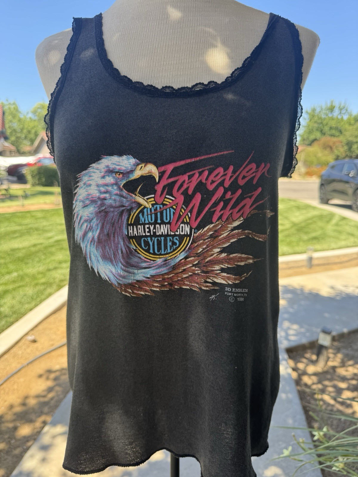 Vintage Harley Davidson Vintage 3D Emblem Black Lace Tank Top Forever Wild XL