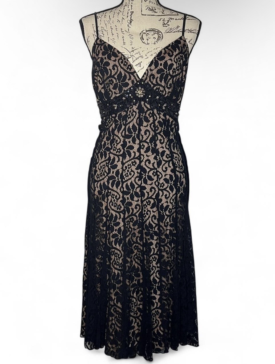 Vintage Black Lace Beaded Sequin Midi Dress Cocktail Party Sz 16