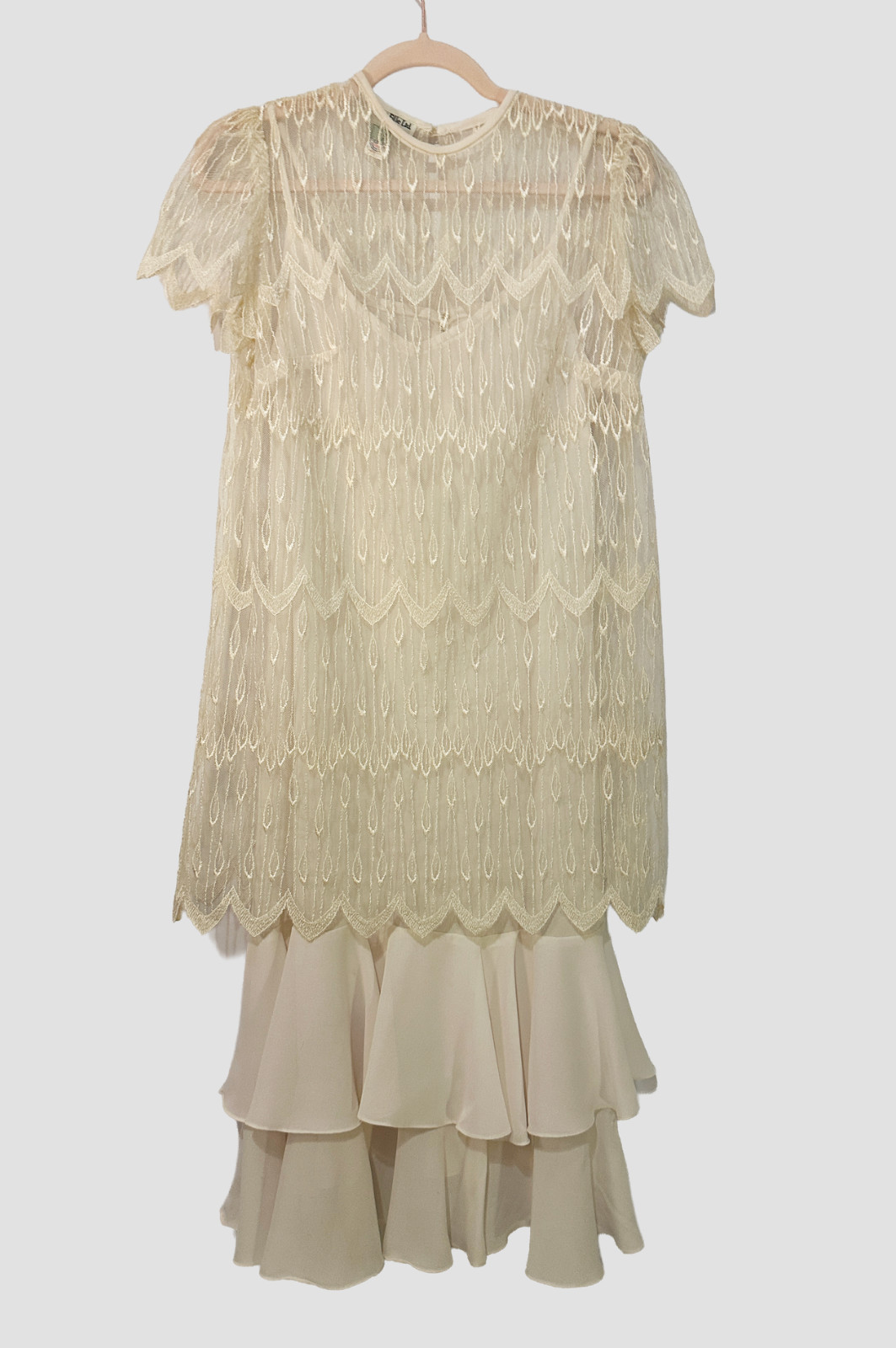 Vintage 80s Argent Fille 2 Piece Drop Waist Formal Dress Lace Flapper Cream S