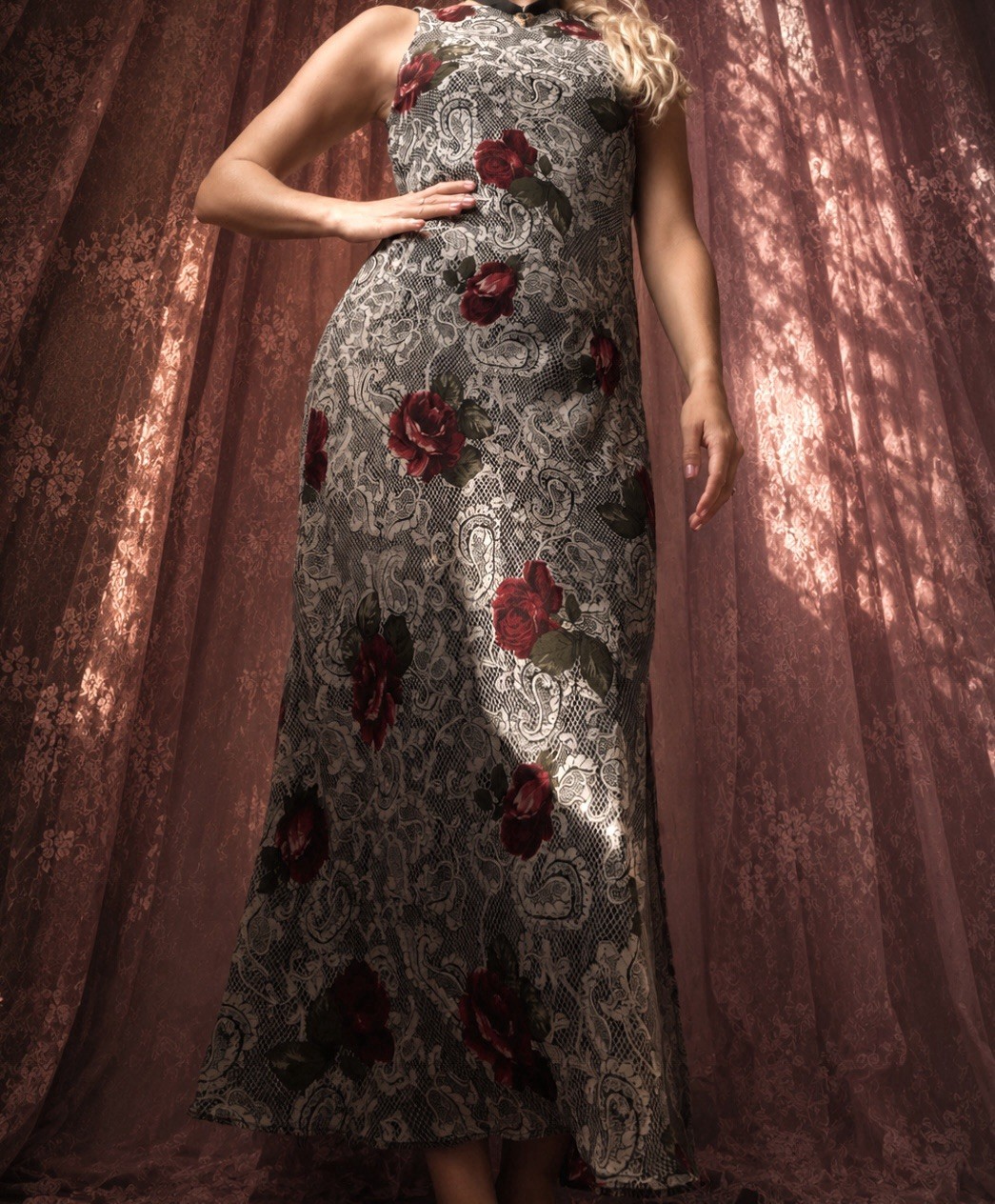 1990s ivory lace rose chiffon gown