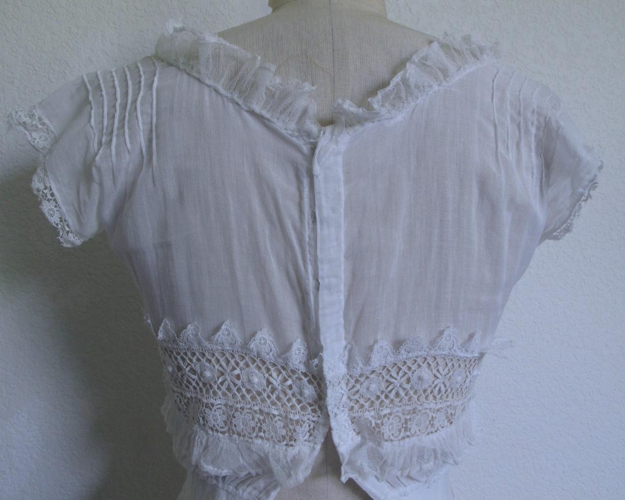 Antique Victorian Edwardian White Sheer Voile Dress XXXS Lace Trim Pintucks