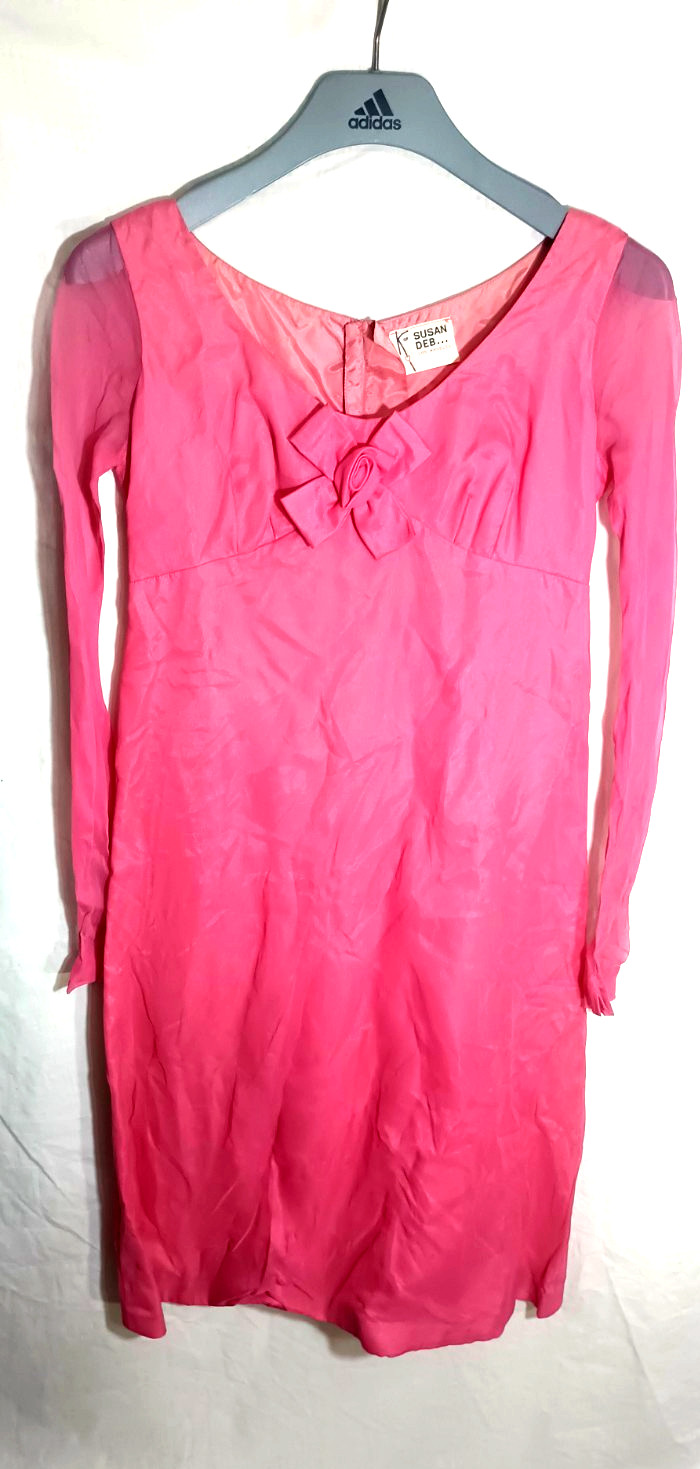 VINTAGE 60s Susan Deb Pink Taffeta Long Sleeve Cocktail Party Dress 32&Prime; C/28&Prime; W