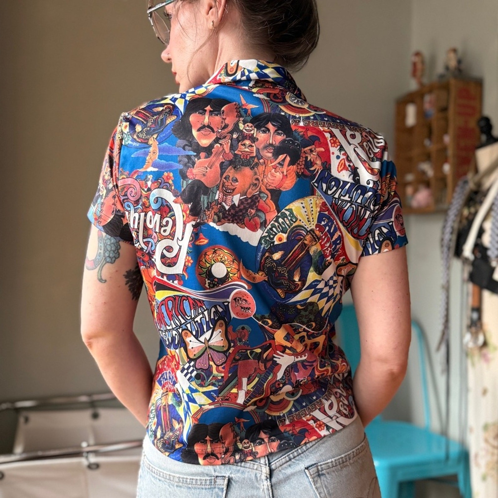 Vintage 90s Psychedelic Beatles Print Shirt | Pop Art Graphic Button Up | S/M