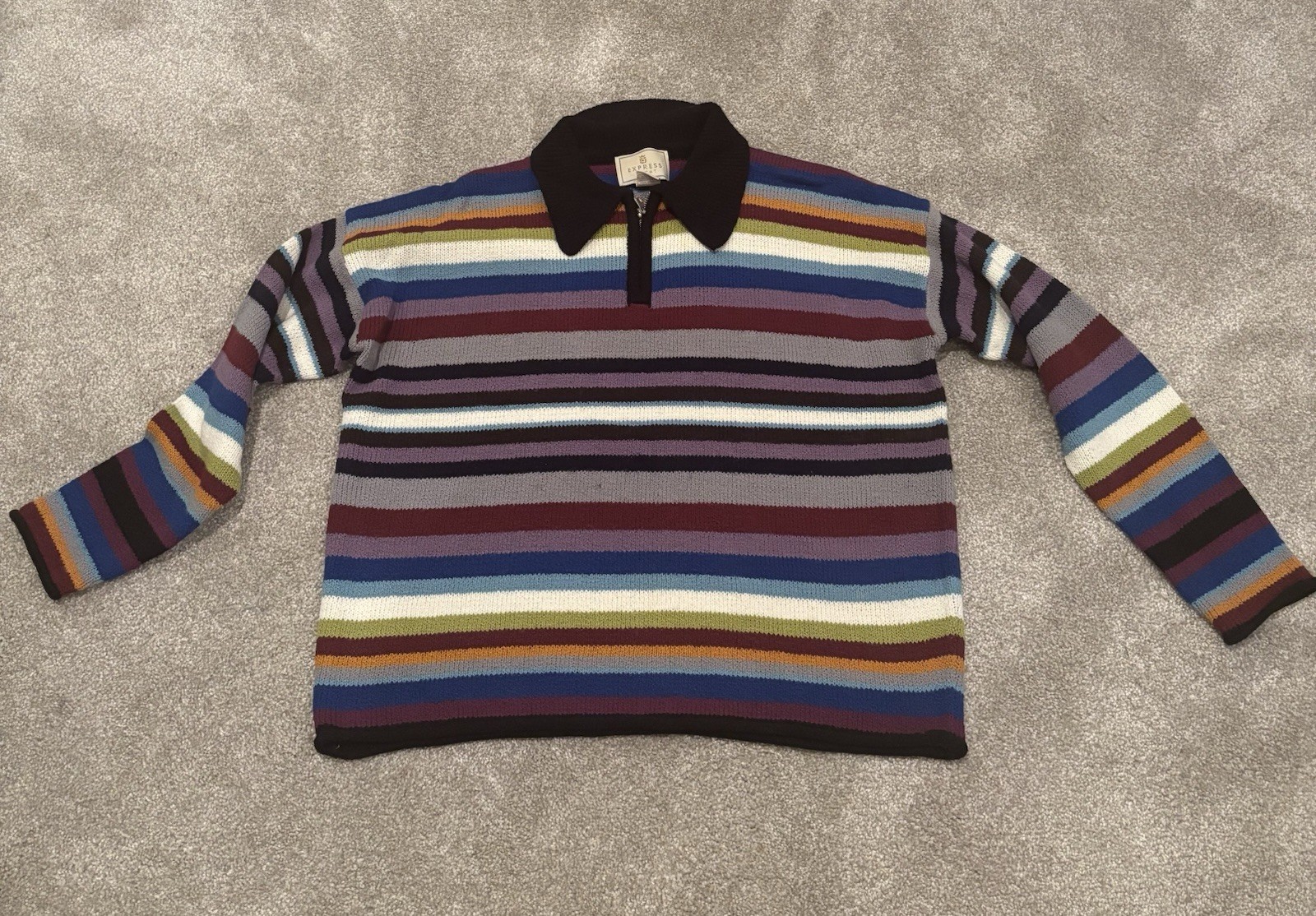 Vintage 1993 Express Tricot Multi-Stripe Knit Polo Sweater | Size Medium