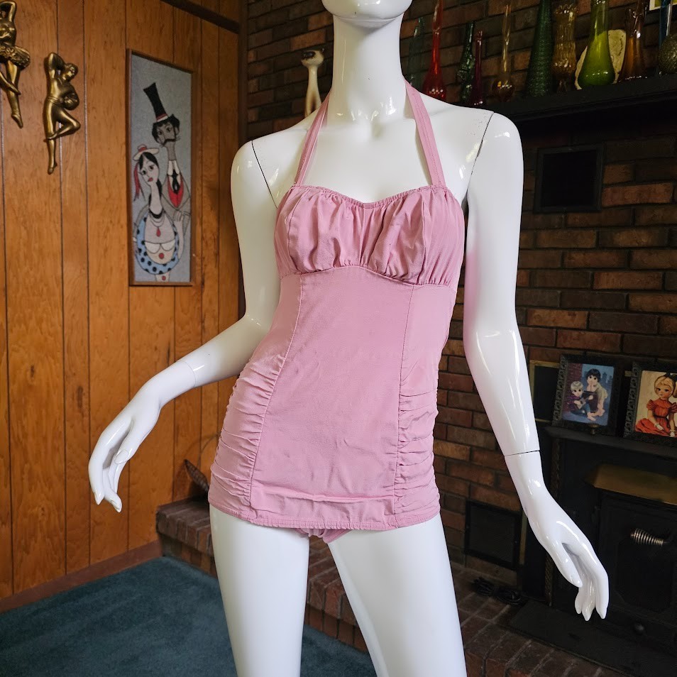 Vtg 50s Pink Ruched Sea Nymph Bombshell Halter Swim Bathing Glamour Suit XS/S