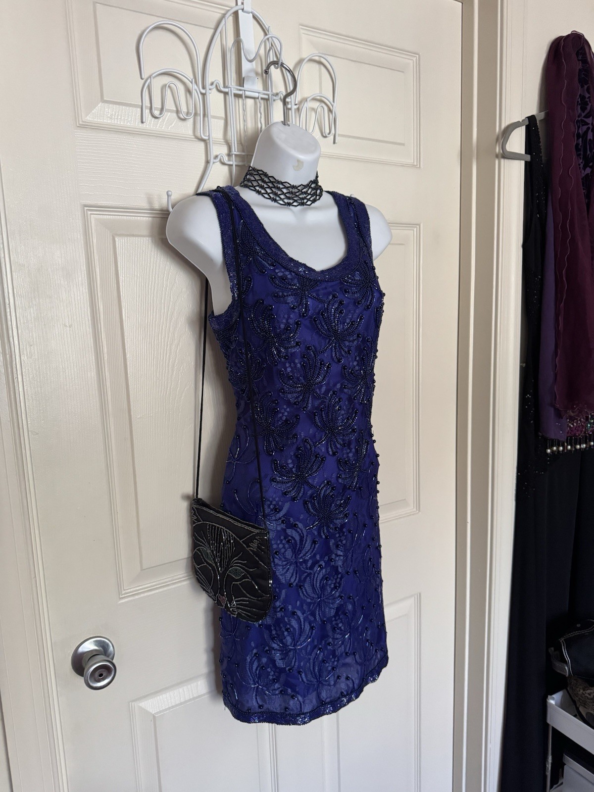 Vintage Fully Beaded Royal Blue Lace Party Dress (Size M-L) Special Occasion