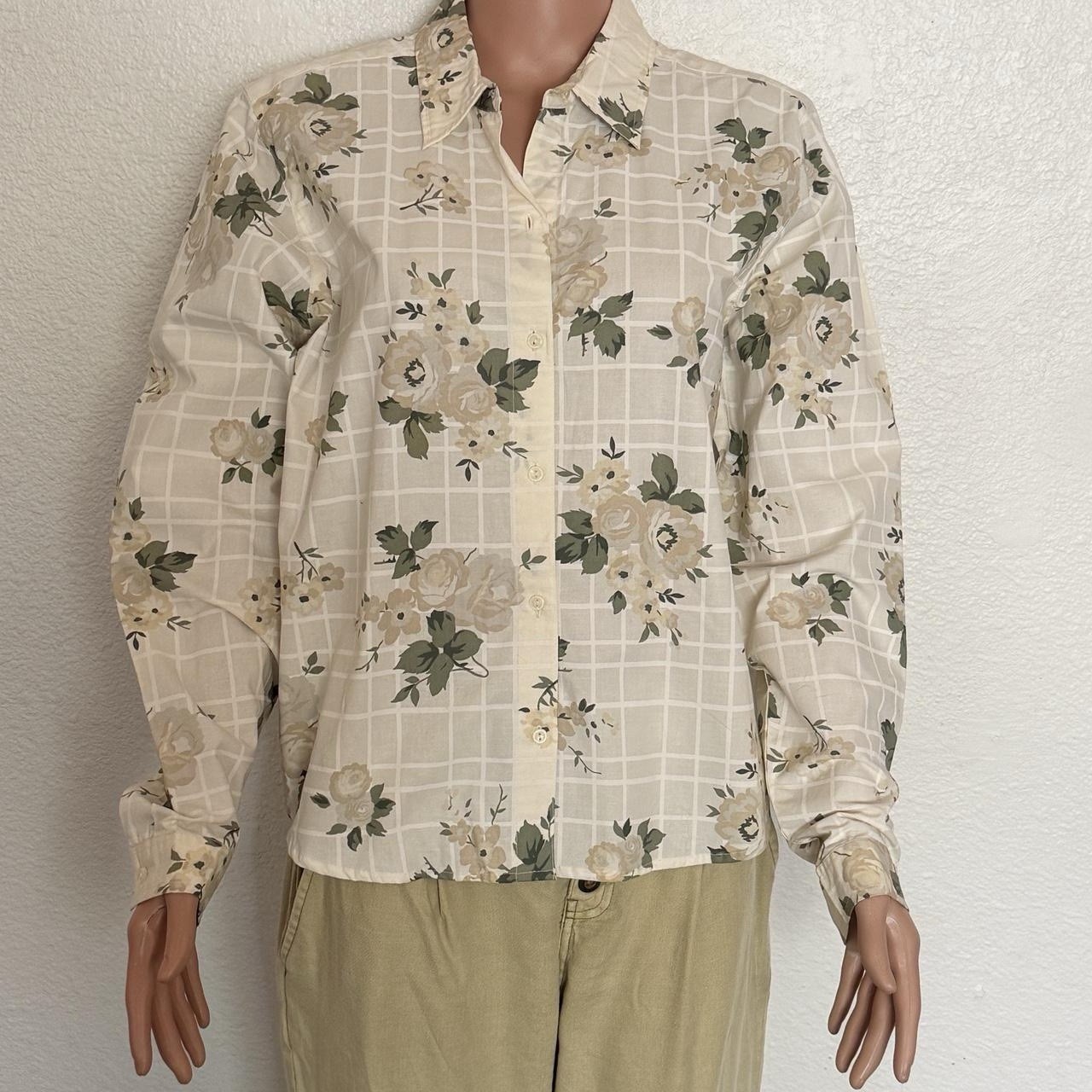 Vtg Cherokee 100% Cotton Beige Floral Button Up Shirt Sz L Granny chic