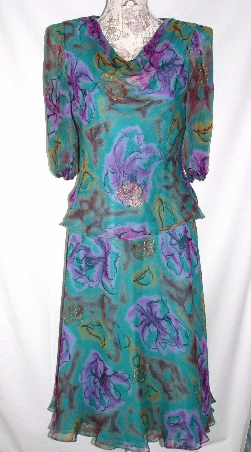 Judy Hornby Couture 1980&rsquo;s Silk Formal Skirt Set sz. 8 Teal floral