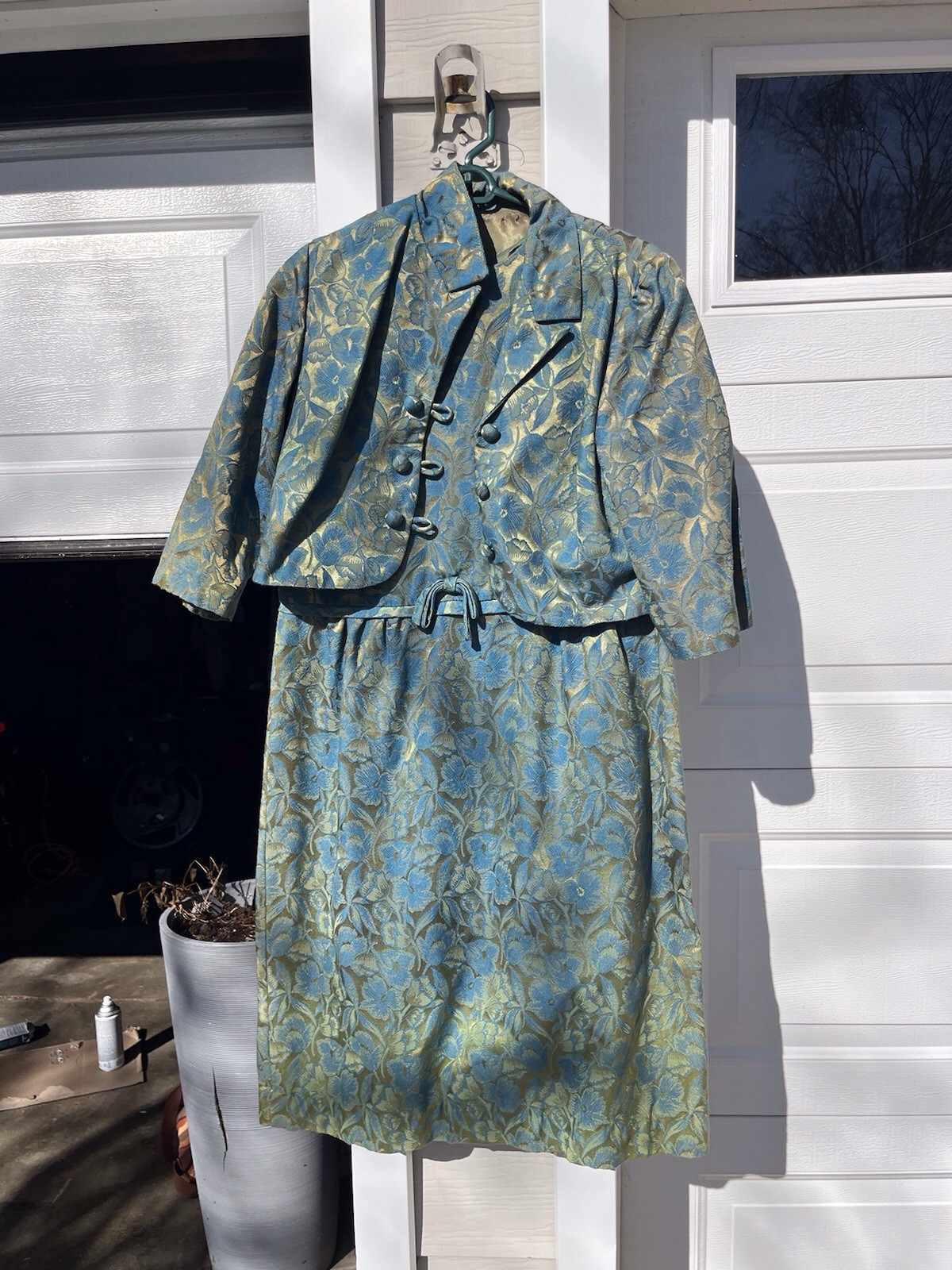 Vintage 1950s 1960&rsquo;s Dress Brocade Green Gold Floral Sleeveless With Jacket M/L