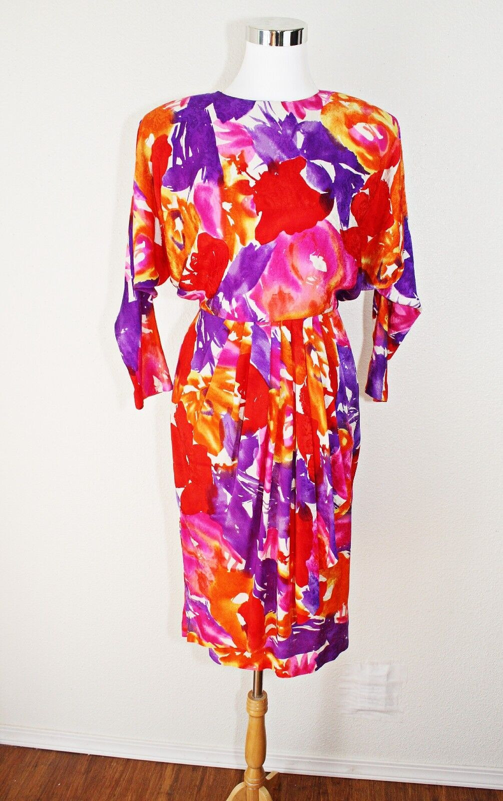 Fairy Romantic VTG 80s Party Dress Sz S Multicolor Abstract 3/4 Sl Dopamine #03