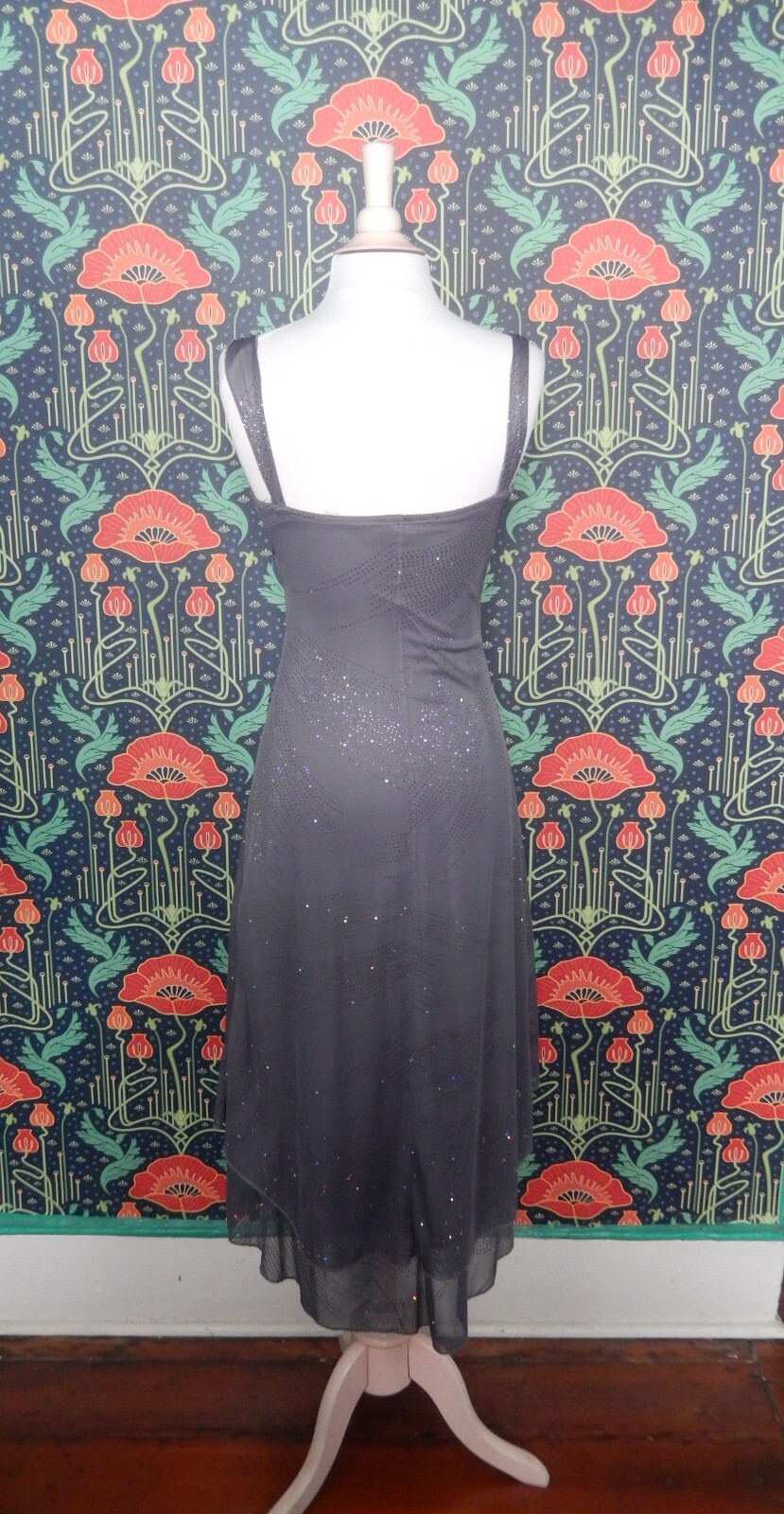 Vintage Y2K Gray Silver Glitter Mesh Asymmetrical Hem Party Dress