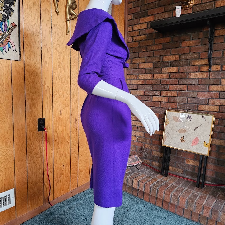Vtg 50s Rockabilly Violet Purple Wool Wiggle Pencil Cocktail Party Dress XS/S