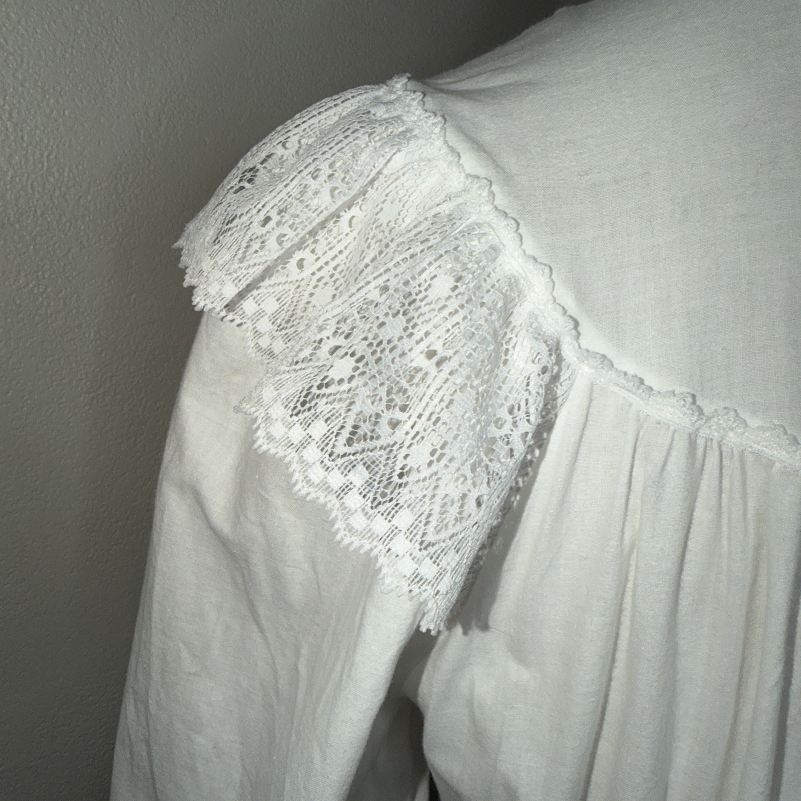 Vintage Periwinkle White Long Peasant Boho Dress High Neck Lace Ruffle Sz S USA