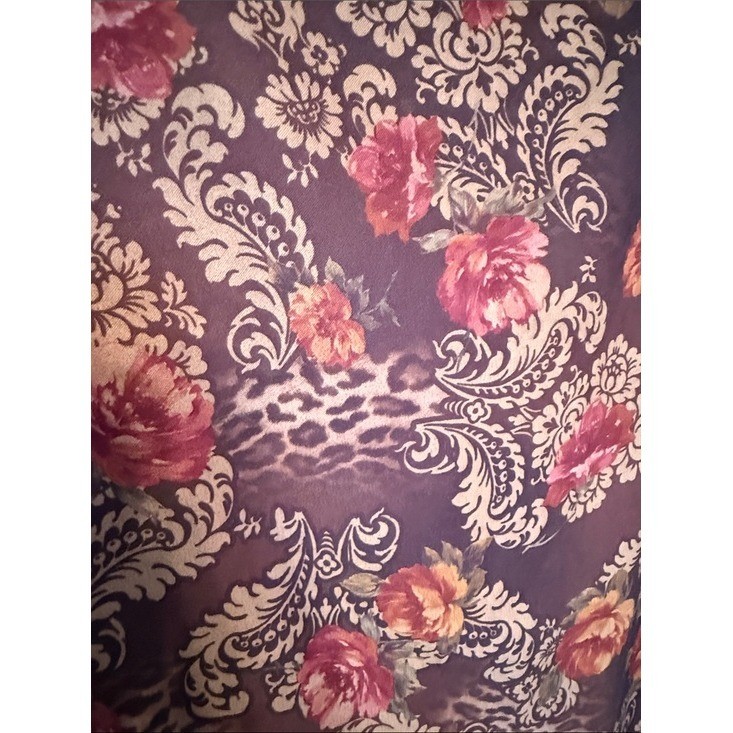 Karin Stevens Vintage Floral Damask Leopard Print Midi Skirt Burgundy Rust Sz 14
