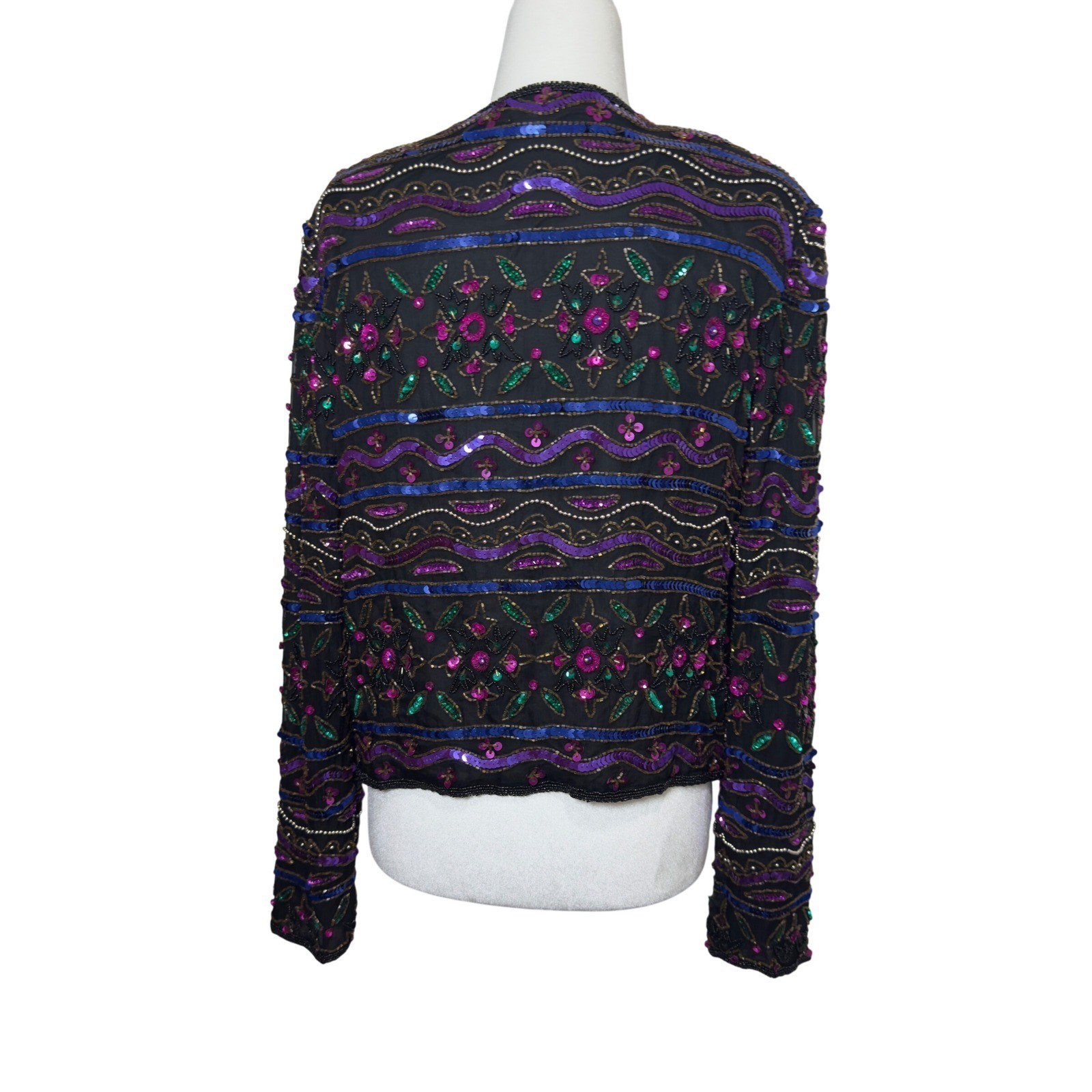 Papell Boutique Evening Vintage Beaded Sequin Jacket Black Silk Purple Small