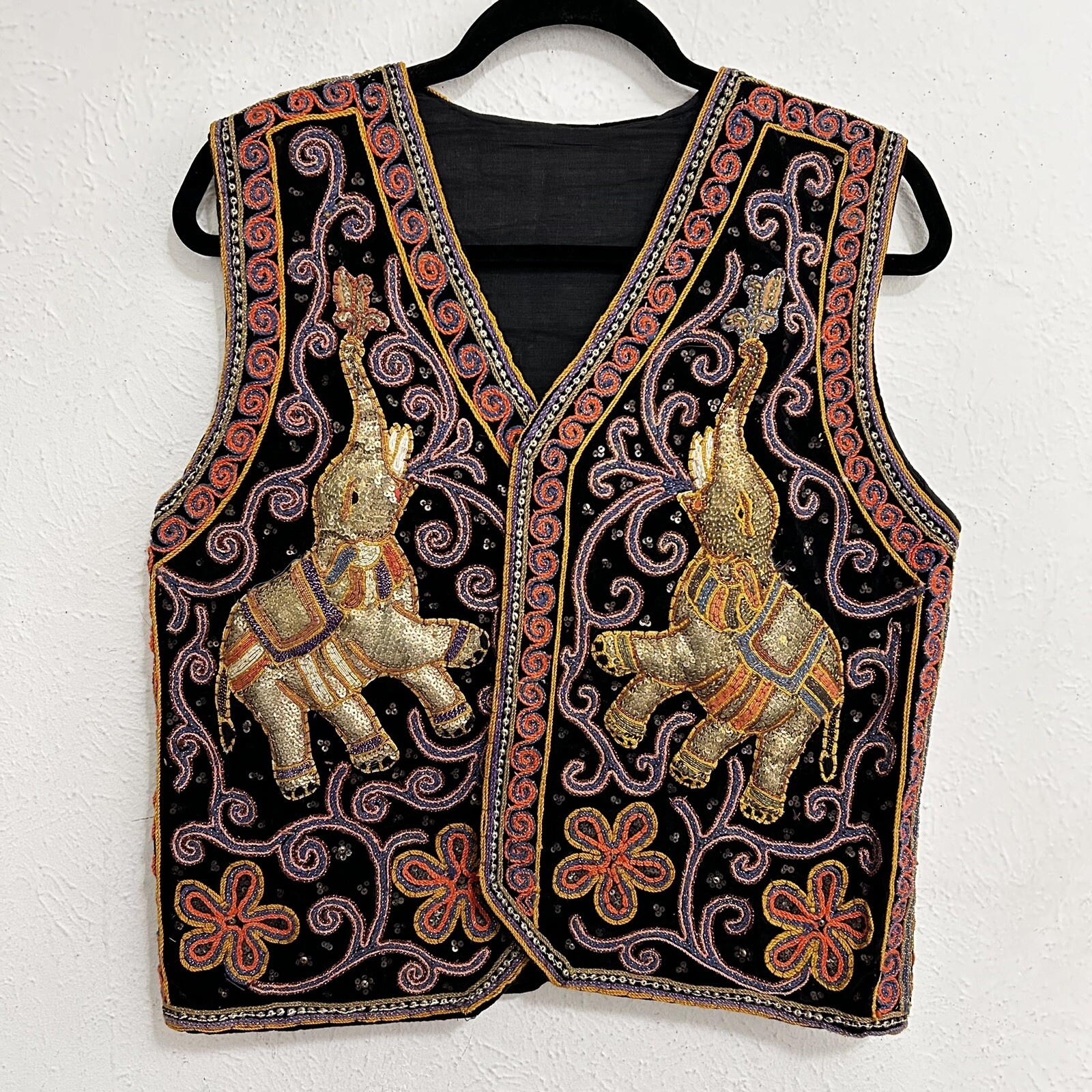 VTG Hippie Opulent Beaded Embroidered Tribal India Vest Puffed 3-D Elephants M