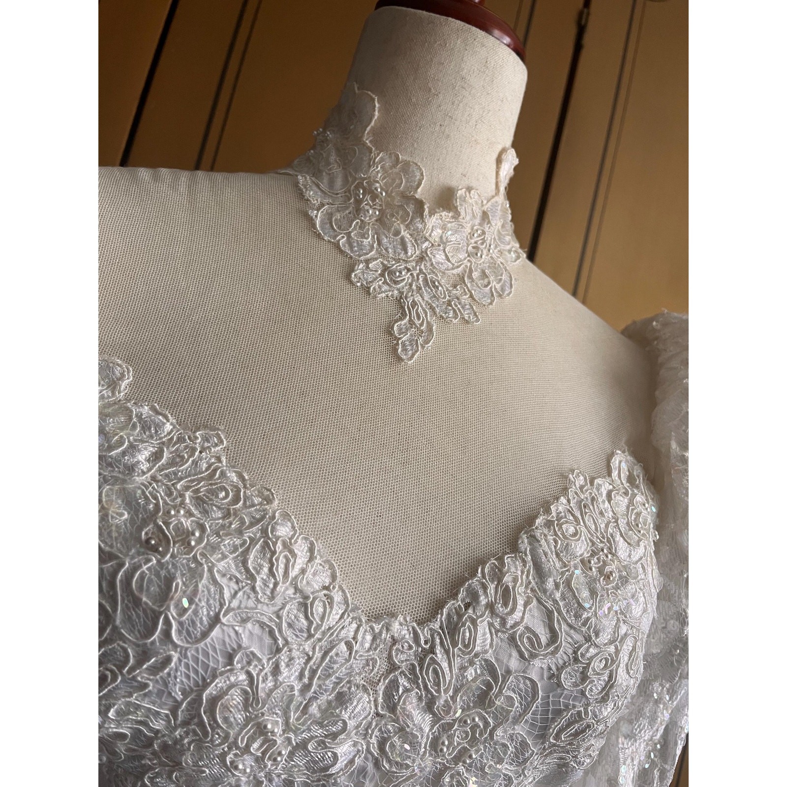 Vintage wedding gown with lace, beads, sequins and train