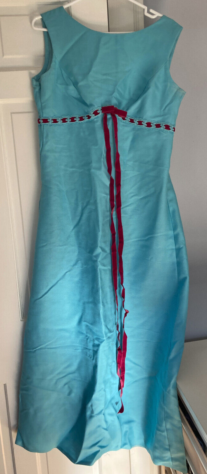Vintage 1960s Long Turquoise Dress Textured Rayon Satin 14-16 Red Velvet Ribbon